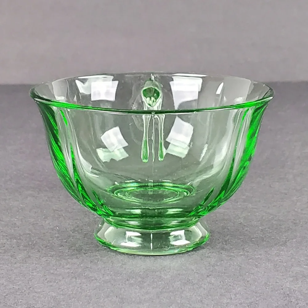 Vintage Green Uranium Glass Teacup Paneled Depression Glass Footed Glows UV